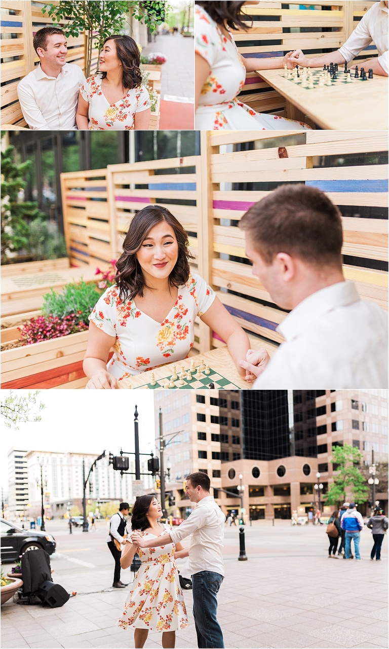An engagement session in downtown salt lake city. The couple is sitting on a bench smiling at each other, holding hands, and dancing.