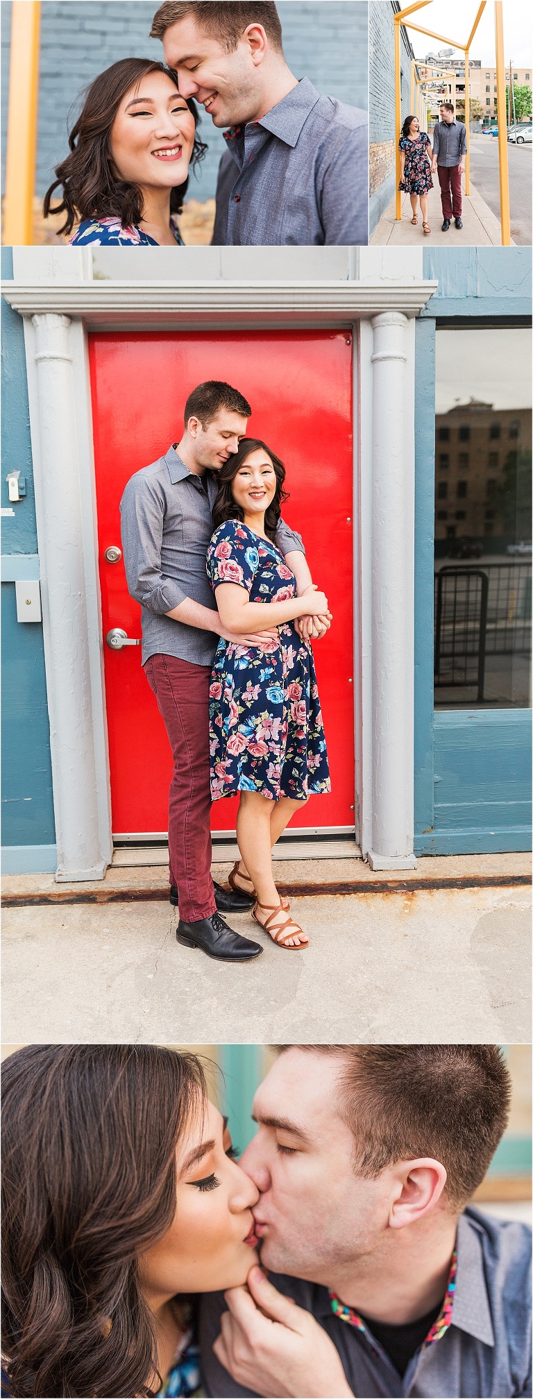 Engagement session in downtown salt lake city. The couple is posing in front of urban walls and elements, and kissing.