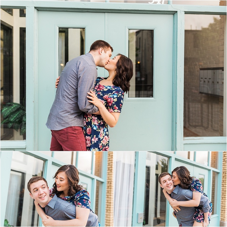 Engagement session in downtown city setting, salt lake city utah. The couple is kissing and giving each other piggy back rides.
