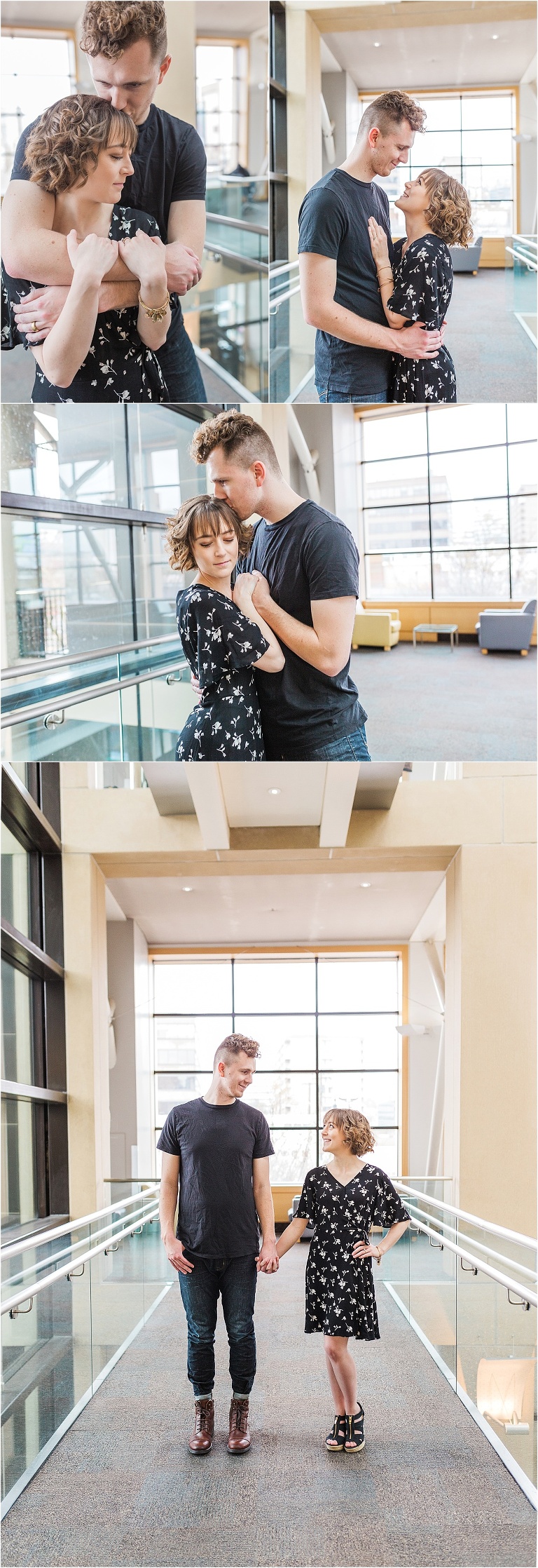 A couple in a modern building with lots of leading lines, sunlight, and architectural elements. The couples is hugging, touching arms, and showing off their love.