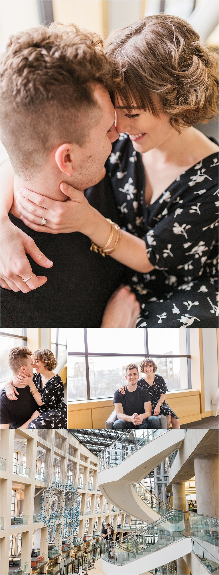 The setting is a modern building with pretty light, and lots of straight modern lines in the architecture. The couple is enjoying a quiet, natural intimate moment.