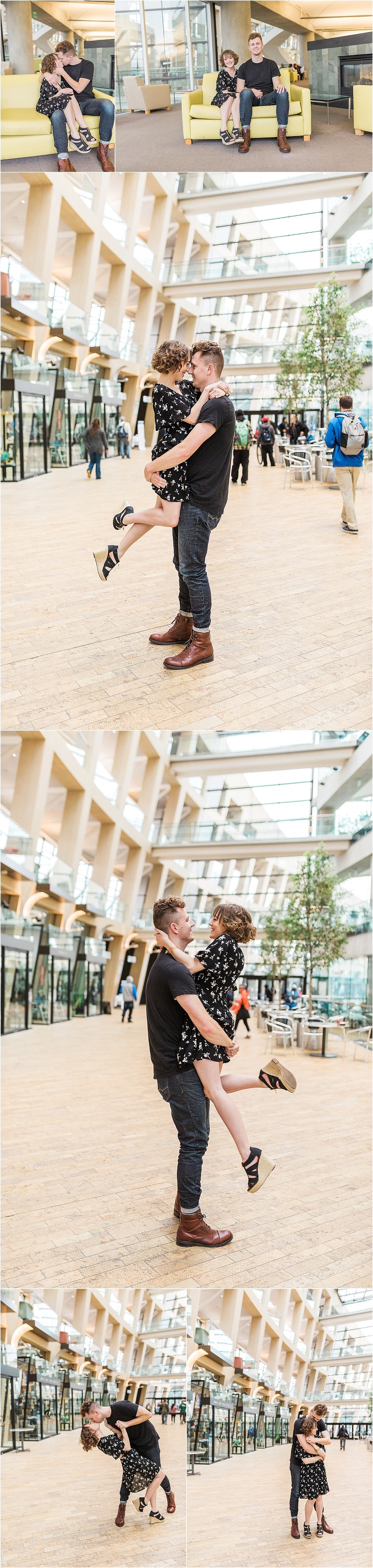 A couple dancing inside of a modern, open air building in the downtown Salt Lake City Library. The couple is dancing, twirling, and kissing.