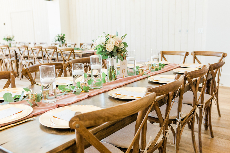 river bottoms ranch, long farmstyle table at wedding reception
