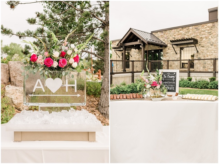 wedding ice sculpture and dessert bar