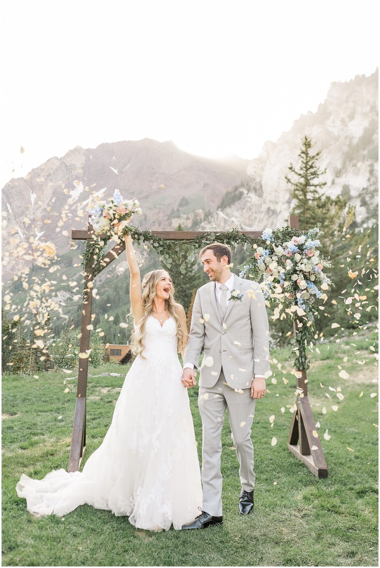 rose petal toss at a utah mountain wedding, Alta Peruvian Lodge