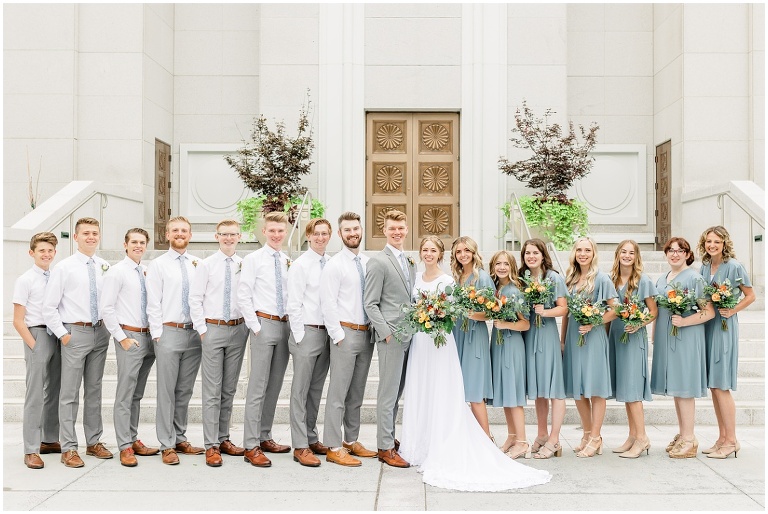 Utah Wedding Photographer - Wedding Party with Bridesmaids and Groomsmen in front of Temple